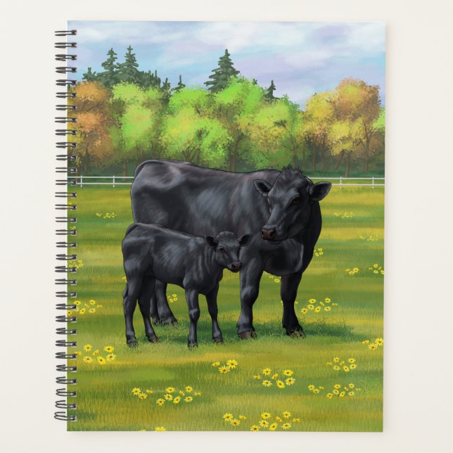 Vache d'Angus noir et veau mou en pâturage d'été (Devant)