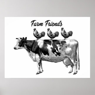 Vache de campagne et Poster vintage de coqs