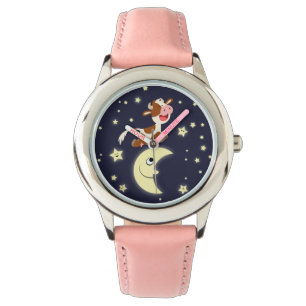 Vache De Dessin Saut Au-Dessus De La Montre De Lun