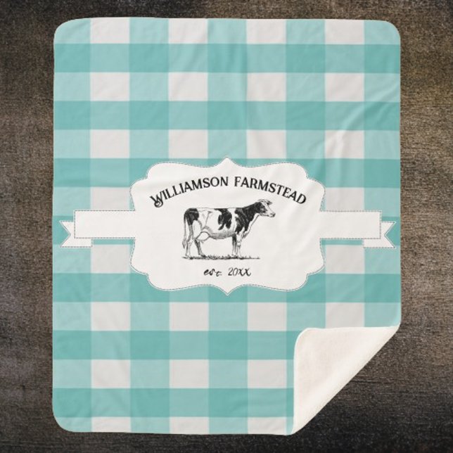 Vache de ferme turquoise Buffalo Plaid Sherpa Blan (Teal Buffalo Plaid Farm Cow Personalized Sherpa Blanket)