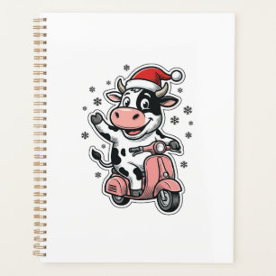 Vache de Noël à scooter rose vintage vecteur_1