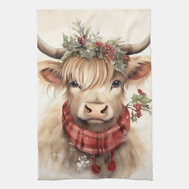 Vache de Noël Highland - Serviette de cuisine (Vertical)
