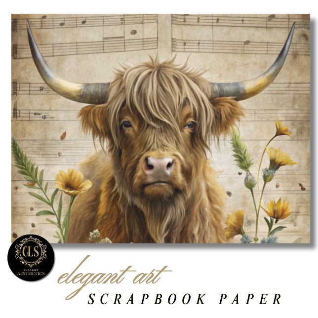 Vache des Highlands et Notes de Musique (Scrapbook Paper – Highland Cow Music Notes)