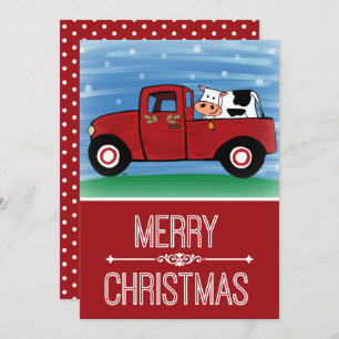Vache en Camion Rouge Festif Carte de Noël Plat