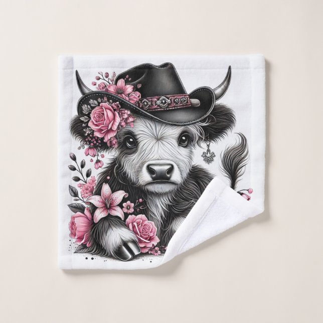 Vache Highland avec Casquette Floral (Gant de toilette)