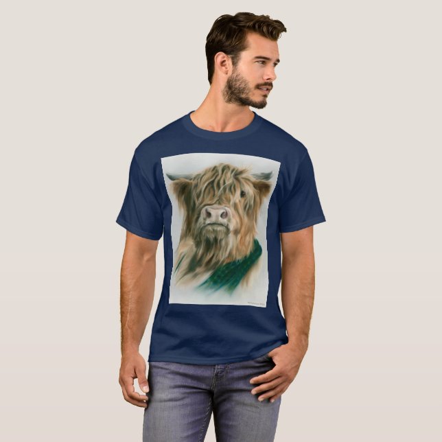 Vache Highland avec T-shirt bleu et vert (Devant entier)