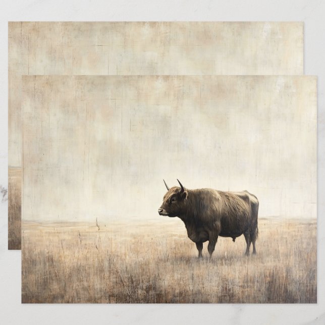 Vache Highland dans un champ Sepia Scrapbook Papie (Devant / Derrière)
