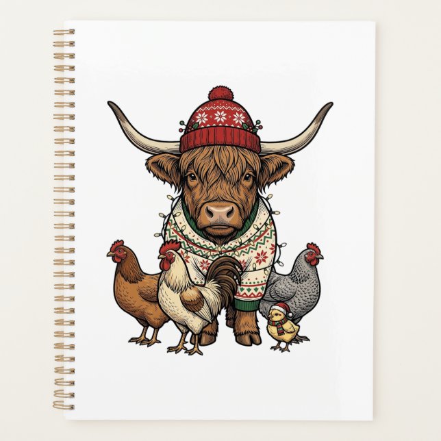 Vache Highland et poulets de Noël Gravure Vintage (Devant)