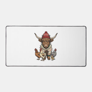 Vache Highland et poulets de Noël Gravure vintage
