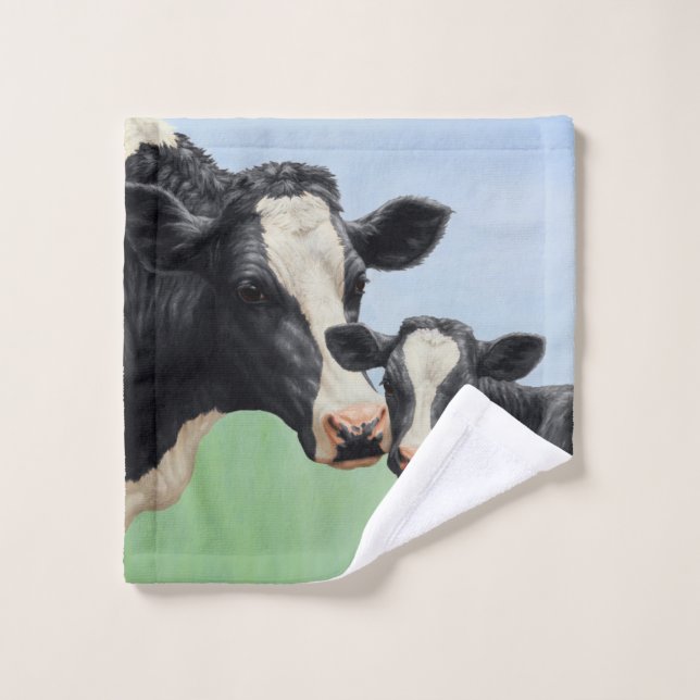 Vache Holstein noire et veau mignon (Gant de toilette)