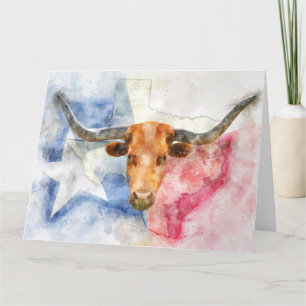 Vache Longhorn avec carte du Texas et drapeau aqua