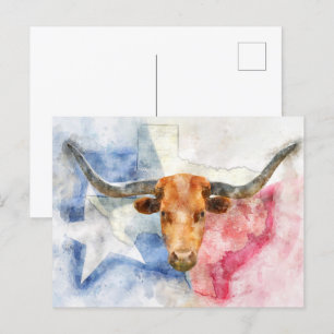 Vache Longhorn avec carte du Texas et drapeau aqua