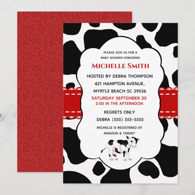 Vache mignonne Imprimer rouge noir Invitation (Devant / Derrière)