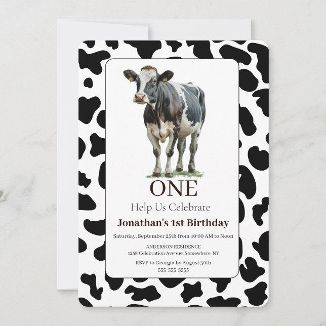 Vache Noir et blanc Invitation d'anniversaire (Devant)