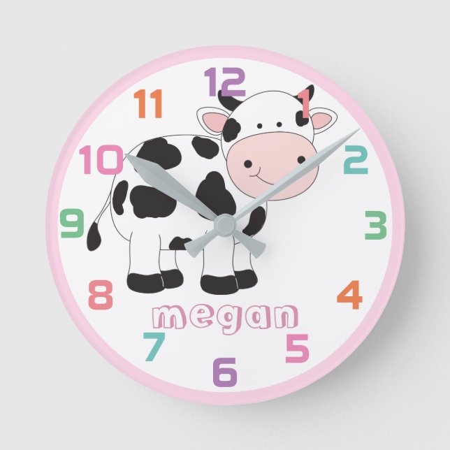 Vache rose personnalisée Horloge murale des enfant (Recto)