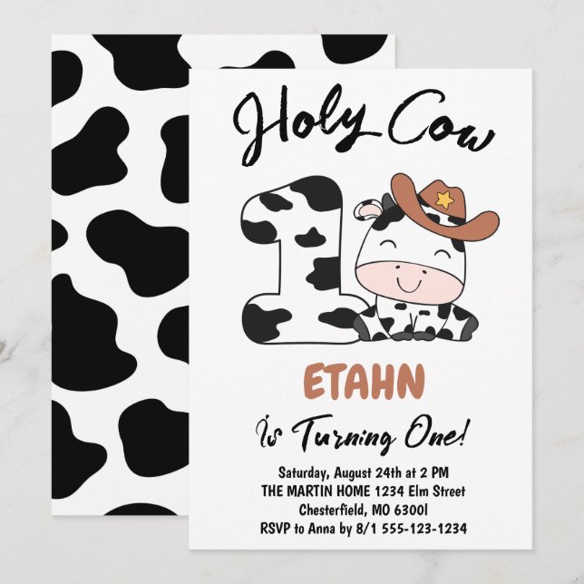 Vache sacrée, j'ai un an Invitation pour la fête d (Devant / Derrière)