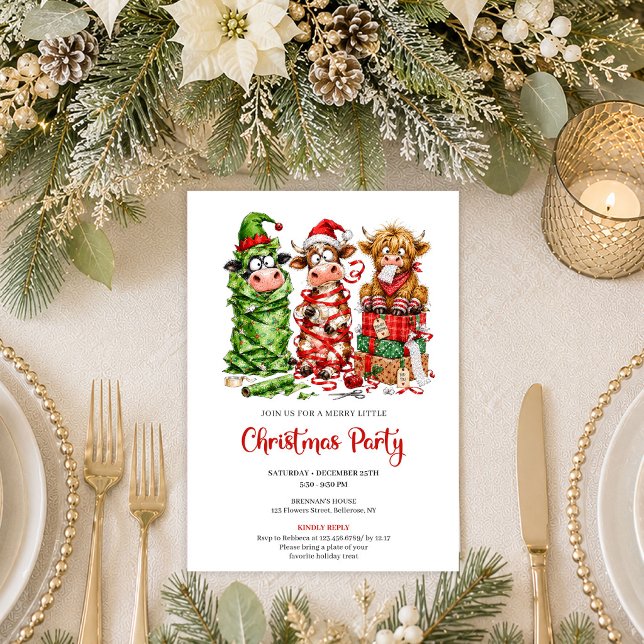 Vaches drôles lumineuses rouges vertes Invitation  (Bright Funny Cows Red Green Christmas Party Invitation

)
