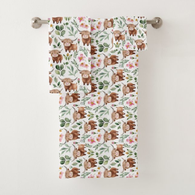 Vaches Highland et fleurs roses Motif Floral (En situation)