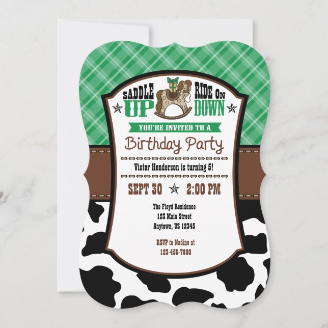 Vachette verte Plaid Cowboy Invitation d'anniversa (Devant)