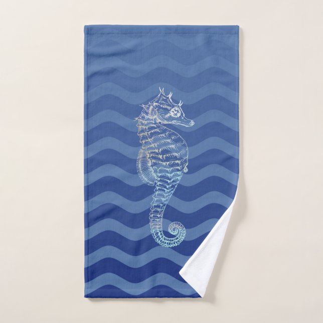 Vagues de rayures bleues de marine nautiques hippo (Serviette à main)