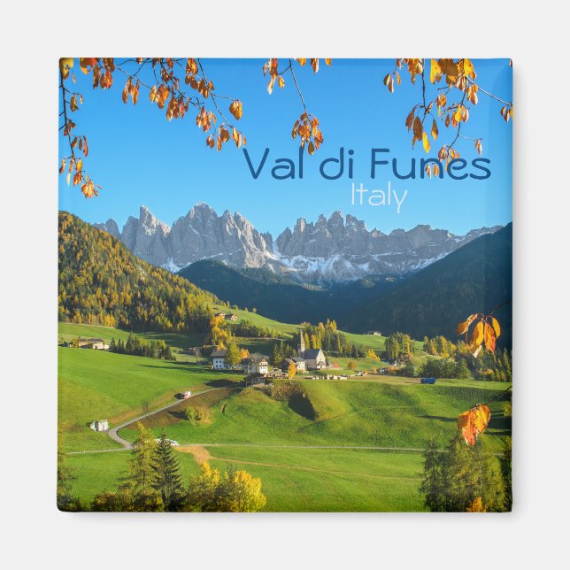 Val di Funes avec feuilles d'automne aimant texte  (Devant)
