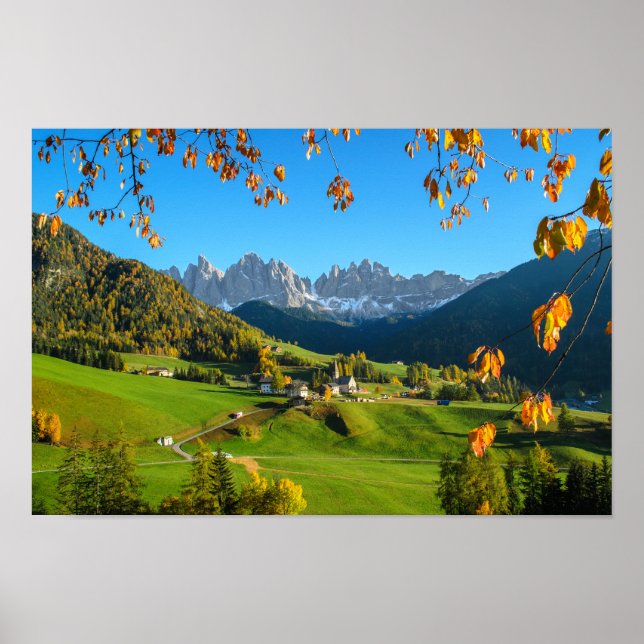 Val di Funes vallée avec affiche de feuilles d'aut (Devant)