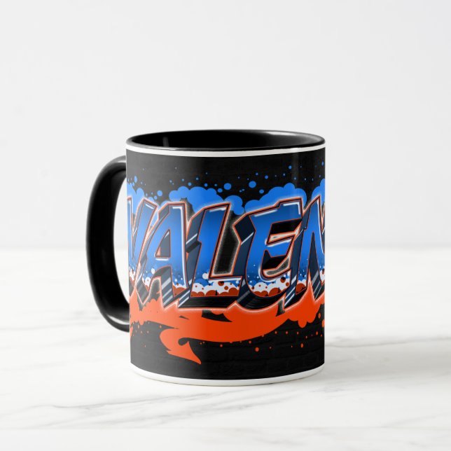 Valentin prénom nom graffiti bleu orange tasse (Devant gauche)