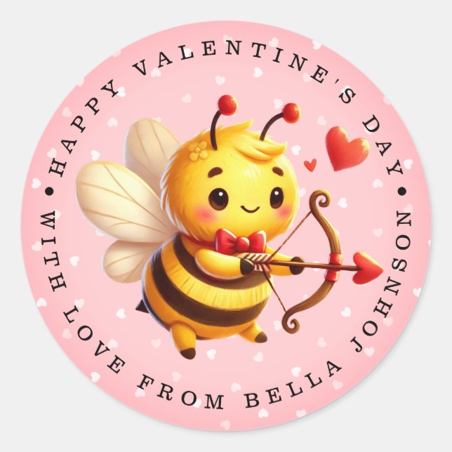 Valentine Bee Nom personnalisé Stickers ronds (Devant)