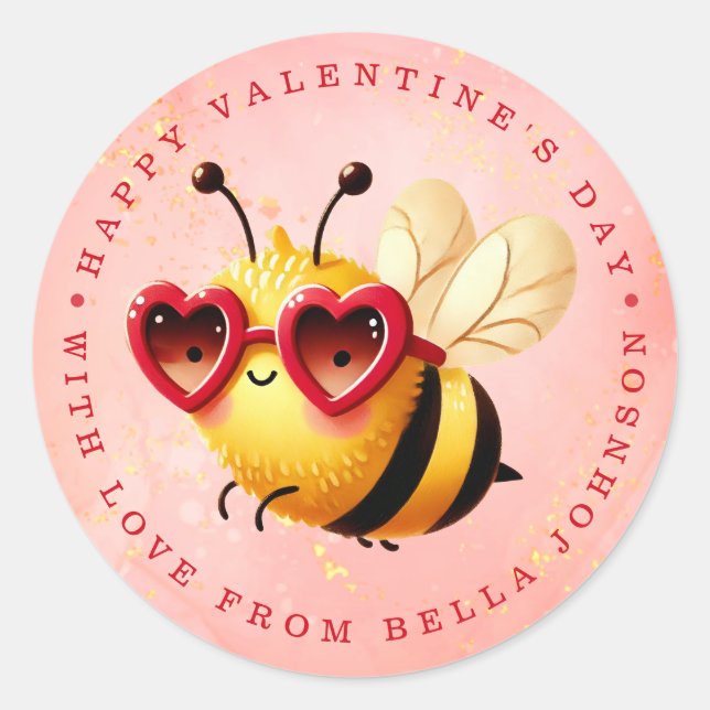 Valentine Bee Nom personnalisé Stickers ronds (Devant)