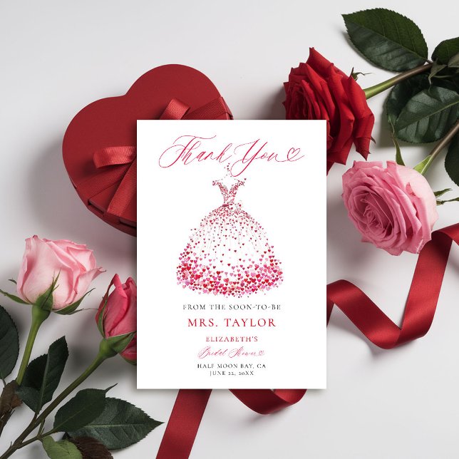 Valentine Coeurs robe Bow Fête des mariées Merci (valentine bridal shower thank you card elegant dress red hearts bow calligraphy romantic elegant)