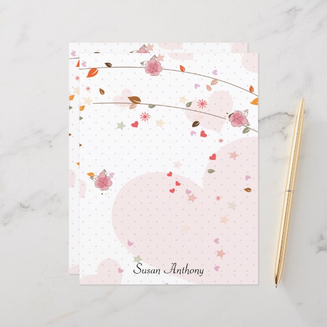 Valentine Feuille Coeurs Fleurs Papier fixe (Devant/Arrière en situation)