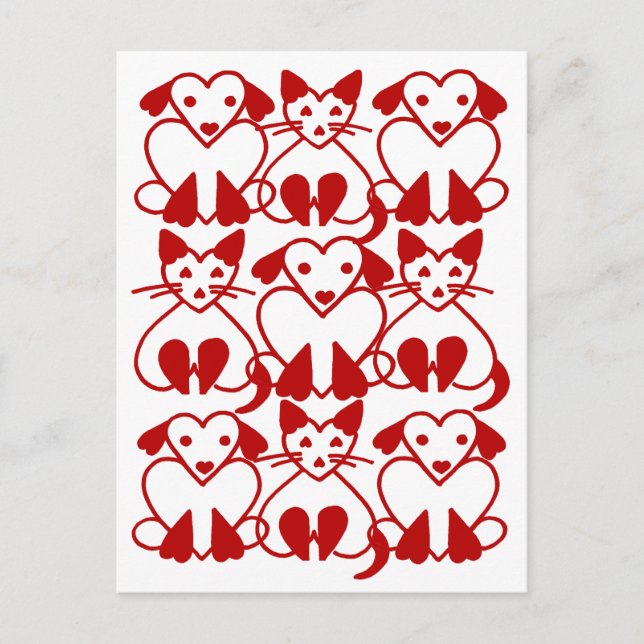 Valentine Hearts Chats & Chiens Pink Red Pet Carte (Devant)