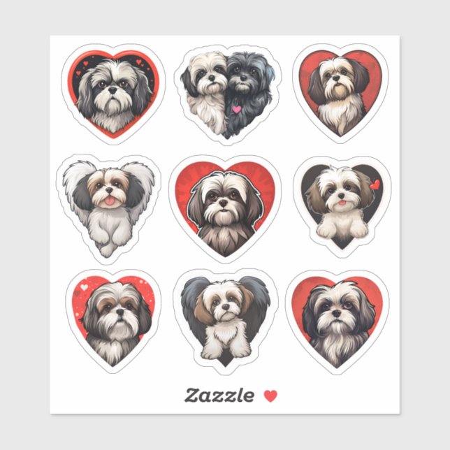Valentine Shih Tzu Chien ensemble de 9 autocollant (Feuille)