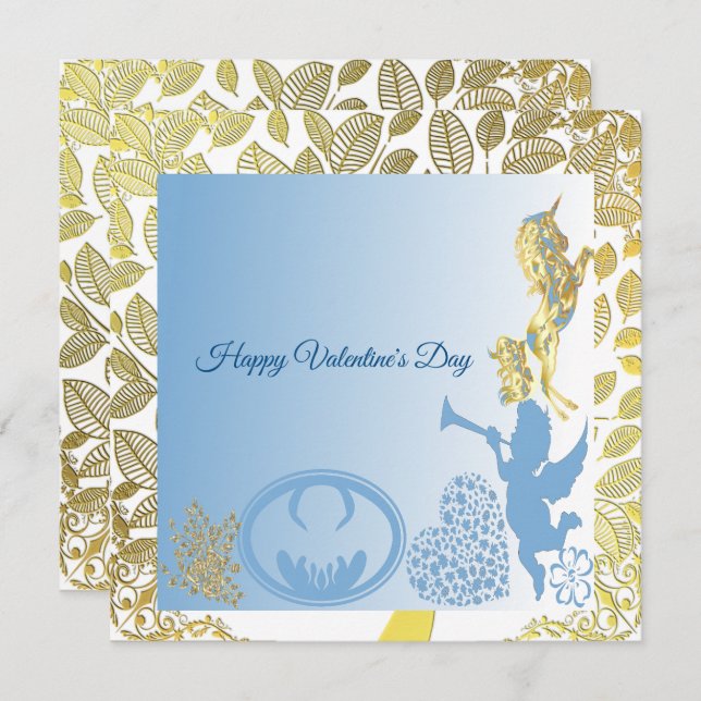 Valentines Cupid Blue Gold Foliage Bordure Romanti (Devant / Derrière)