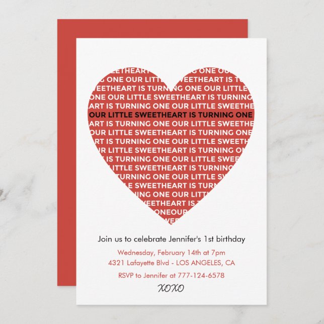 Valentines jour 1er anniversaire invitations xoxo  (Devant / Derrière)