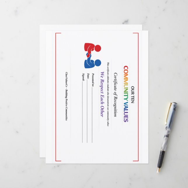 Valeur Certificat de Respect Papier à Lettre Mince (Devant/Arrière en situation)