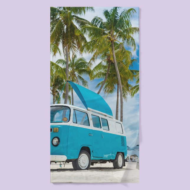 Van bleu et blanc sur la plage (Serviette de bain)