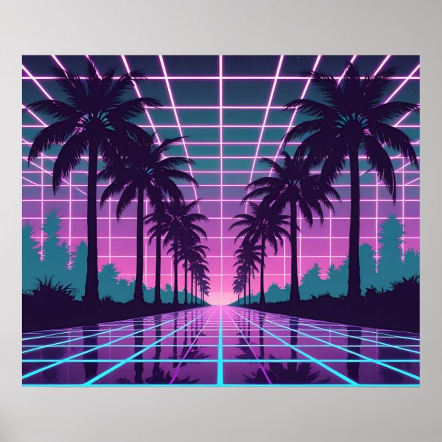 Vaporwave 80s Neon Grid Synthwave Art Poster (Devant)