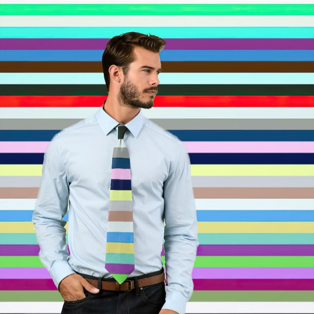 Variante cravate à cravate à rayures multicolores  (Man wearing a necktie with multicolored horizontal stripes. Background matches tie.)