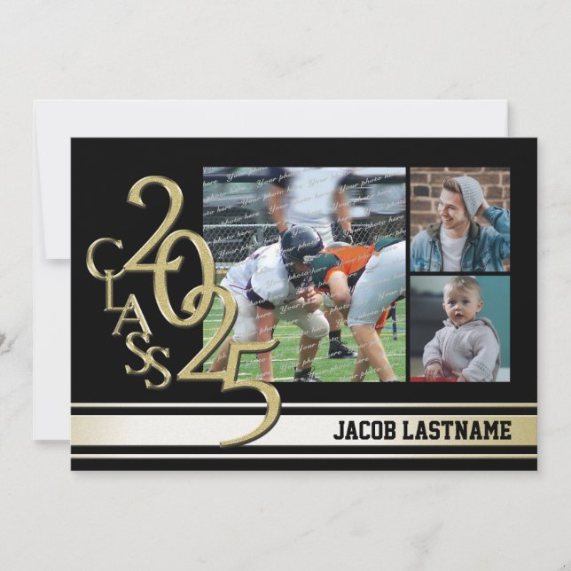 Varsity Stripe Tri Photo Gold Graduate Invitation (Devant)