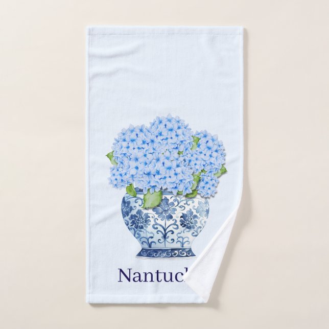 Vase à décor de chinoiserie avec hydrangeas bleus  (Serviette à main)