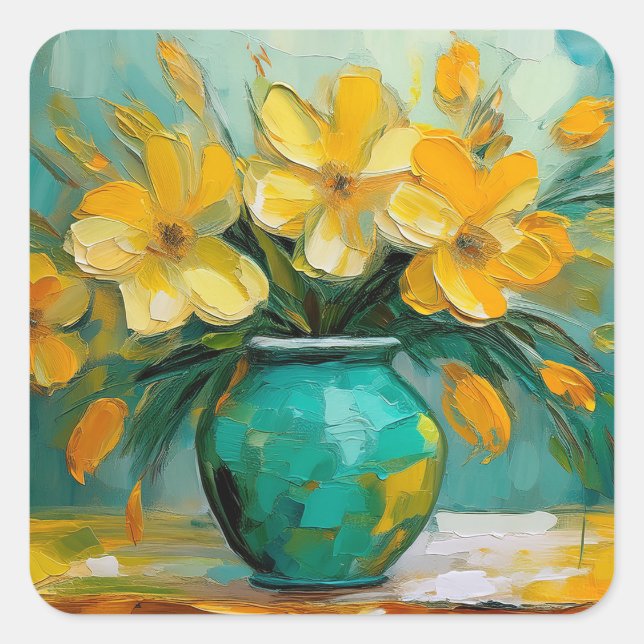 Vase de Teal avec Autocollants Carrés de Fleurs Ja (Devant)
