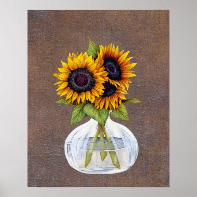 Vase de tournesols sur une affiche marron rustique (Devant)