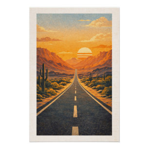 Vast Desert Highway Sunset Retro Travel Poster