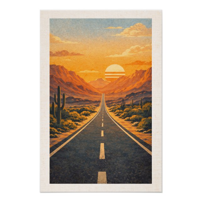 Vast Desert Highway Sunset Retro Travel Poster (Devant)