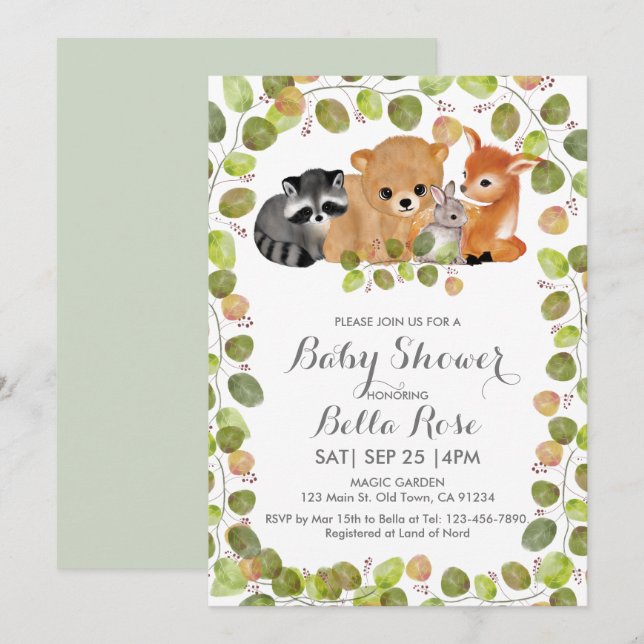 Végétation Bois Animaux Baby shower Invitation (Devant / Derrière)