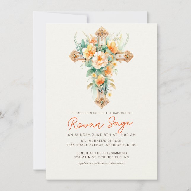 Végétation Botanique Croix Baptême Invitation (Devant)