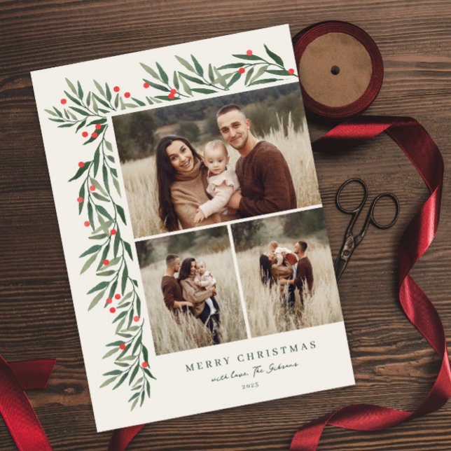 Végétation hivernale ivoire 3 Photo Noël (Elegant greenery leaves 3 photo collage christmas holiday magnetic card.)