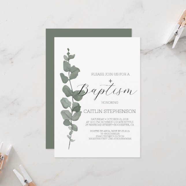 Végétation Moderne Baptême Invitation (Devant/Arrière en situation)