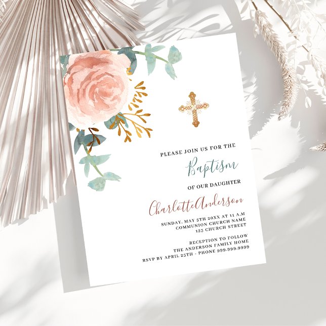 Végétation rose or cross budget baptême invitation (Créateur téléchargé)